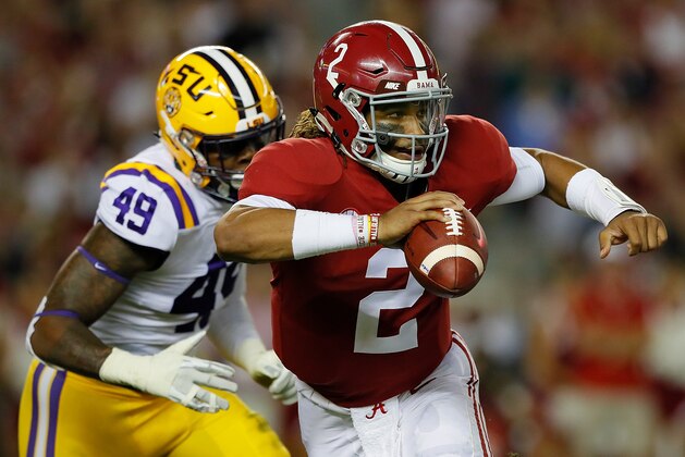 TUSCALOOSA, AL - NOVEMBER 04:  Jalen Hurts #2 of the Alabama Crimson Tide rushes away from Arden Key #49 of the LSU Tigers at Bryant-Denny Stadium on November 4, 2017 in Tuscaloosa, Alabama.  (Photo by Kevin C. Cox/Getty Images)