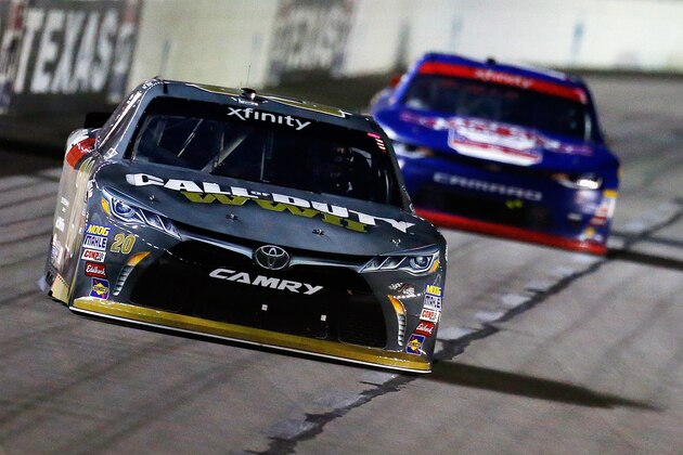 FORT WORTH, TX - NOVEMBER 04:  Erik Jones, driver of the #20 GameStop/Call of Duty WWII Toyota, races during the NASCAR XFINITY Series O'Reilly Auto Parts 300 at Texas Motor Speedway on November 4, 2017 in Fort Worth, Texas.  (Photo by Jonathan Ferrey/Getty Images for Texas Motor Speedway)