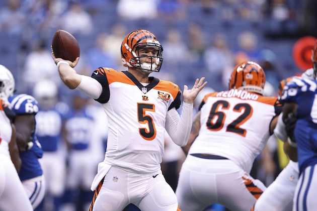INDIANAPOLIS, IN - AUGUST 31: AJ McCarron #5 of the Cincinnati Bengals throws a pass in the first half of a preseason game against the Indianapolis Colts at Lucas Oil Stadium on August 31, 2017 in Indianapolis, Indiana. (Photo by Joe Robbins/Getty Images)