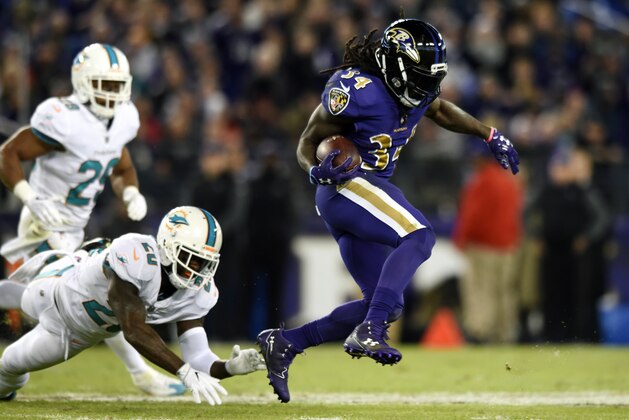 Baltimore Ravens running back Alex Collins (34) rushes past Miami Dolphins defenders in the first half of an NFL football game, Thursday, Oct. 26, 2017, in Baltimore. (AP Photo/Gail Burton)