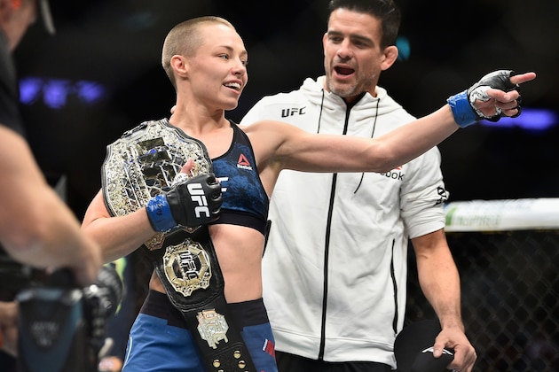 NEW YORK, NY - NOVEMBER 04: Rose Namajunas celebrates her victory over Joanna Jedrzejczyk of Poland in their UFC women's strawweight championship bout during the UFC 217 event at Madison Square Garden on November 4, 2017 in New York City.  (Photo by Jeff Bottari/Zuffa LLC/Zuffa LLC via Getty Images)