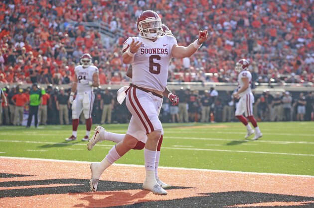 STILLWATER, OK - NOVEMBER 04: Quarterback Baker Mayfield #6 of the Oklahoma Sooners celebrates a touchdown against the Oklahoma State Cowboys at Boone Pickens Stadium on November 4, 2017 in Stillwater, Oklahoma. Oklahoma defeated Oklahoma State 62-52.  (Photo by Brett Deering/Getty Images)