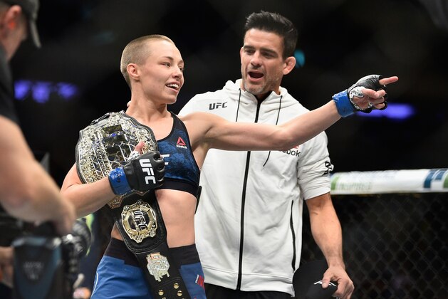 NEW YORK, NY - NOVEMBER 04: Rose Namajunas celebrates her victory over Joanna Jedrzejczyk of Poland in their UFC women's strawweight championship bout during the UFC 217 event at Madison Square Garden on November 4, 2017 in New York City.  (Photo by Jeff Bottari/Zuffa LLC/Zuffa LLC via Getty Images)