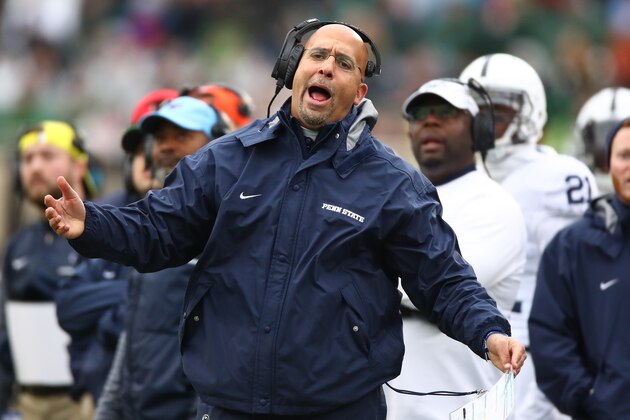 EAST LANSING, MI - NOVEMBER 04: Head coach James Franklin of the Penn State Nittany Lions reacts to a first half play while playing the Michigan State Spartans at Spartan Stadium on November 4, 2017 in East Lansing, Michigan. (Photo by Gregory Shamus/Getty Images)