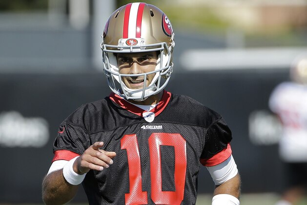 San Francisco 49ers quarterback Jimmy Garoppolo gestures during a practice at the team's NFL training facility in Santa Clara, Calif., Wednesday, Nov. 1, 2017. (AP Photo/Jeff Chiu)