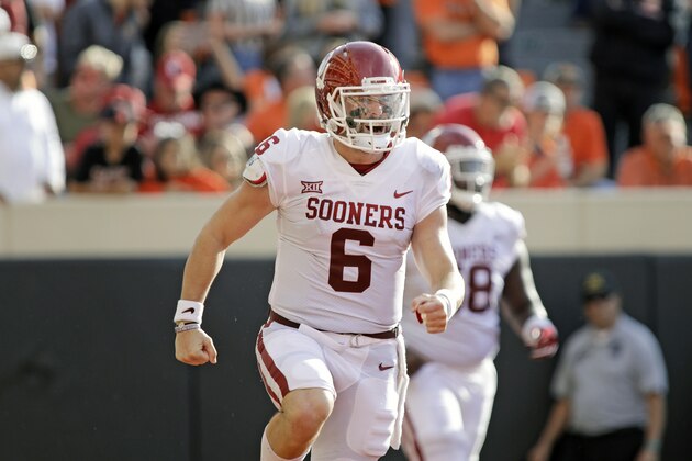 STILLWATER, OK - NOVEMBER 04: Quarterback Baker Mayfield #6 of the Oklahoma Sooners celebrates a touchdown against the Oklahoma State Cowboys at Boone Pickens Stadium on November 4, 2017 in Stillwater, Oklahoma. Oklahoma defeated Oklahoma State 62-52.  (Photo by Brett Deering/Getty Images)