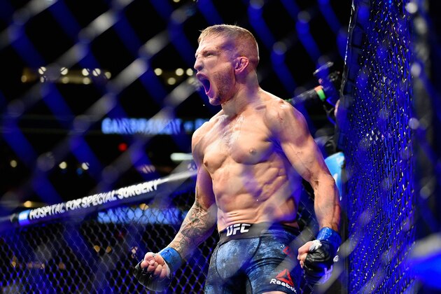 NEW YORK, NY - NOVEMBER 04:  TJ Dillashaw
reacts after defeating Cody Garbrandt in their UFC bantamweight championship bout during the UFC 217 event at Madison Square Garden on November 4, 2017 in New York City.  (Photo by Jeff Bottari/Zuffa LLC/Zuffa LLC via Getty Images)