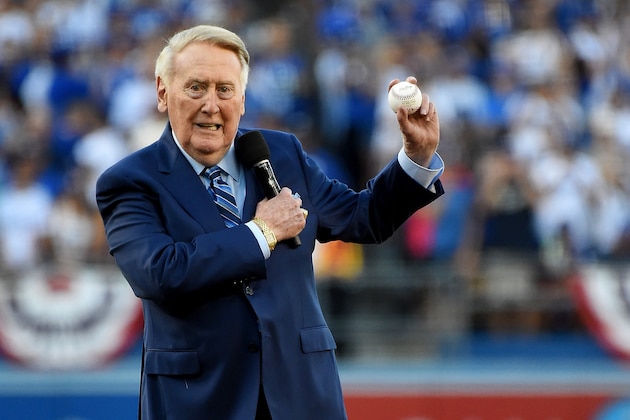LOS ANGELES, CA - OCTOBER 25:  Former Los Angeles Dodgers broadcaster Vin Scully addresses fans before game two of the 2017 World Series between the Houston Astros and the Los Angeles Dodgers at Dodger Stadium on October 25, 2017 in Los Angeles, California.  (Photo by Jayne Kamin-Oncea - Pool/Getty Images).