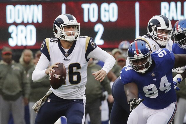 Los Angeles Rams quarterback Jared Goff throws a pass to Tyler Higbee for a touchdown during the first half of an NFL football game against the New York Giants Sunday, Nov. 5, 2017, in East Rutherford, N.J. (AP Photo/Julio Cortez)