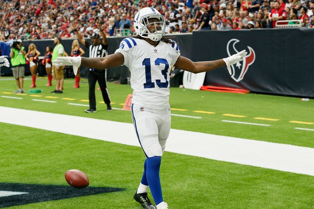 HOUSTON, TX - NOVEMBER 05:  T.Y. Hilton #13 of the Indianapolis Colts celibrates a touchdown reception against the Houston Texans in the third quarter  at NRG Stadium on November 5, 2017 in Houston, Texas.  (Photo by Bob Levey/Getty Images)