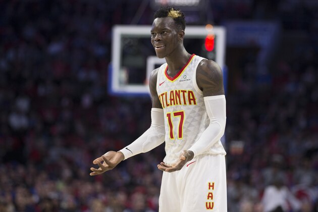 PHILADELPHIA, PA - NOVEMBER 1: Dennis Schroder #17 of the Atlanta Hawks reacts against the Philadelphia 76ers at the Wells Fargo Center on November 1, 2017 in Philadelphia, Pennsylvania. NOTE TO USER: User expressly acknowledges and agrees that, by downloading and or using this photograph, User is consenting to the terms and conditions of the Getty Images License Agreement. (Photo by Mitchell Leff/Getty Images)