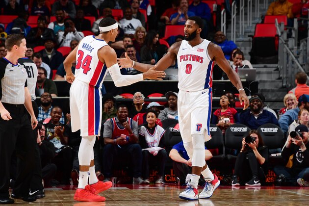 DETROIT, MI - NOVEMBER 4: Andre Drummond #0 of the Detroit Pistons gives high five to teammate Tobias Harris #34 of the Detroit Pistons during the game against the Sacramento Kings on November 4, 2017 at Little Caesars Arena in Detroit, Michigan. NOTE TO USER: User expressly acknowledges and agrees that, by downloading and/or using this photograph, User is consenting to the terms and conditions of the Getty Images License Agreement. Mandatory Copyright Notice: Copyright 2017 NBAE (Photo by Chris Schwegler/NBAE via Getty Images)
