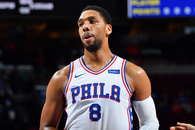 PHILADELPHIA, PA - OCTOBER 4: Jahlil Okafor #8 of the Philadelphia 76ers looks on during the game against the Memphis Grizzlies during a preseason game on October 4, 2017 at Wells Fargo Center in Philadelphia, Pennsylvania. NOTE TO USER: User expressly acknowledges and agrees that, by downloading and or using this photograph, User is consenting to the terms and conditions of the Getty Images License Agreement. Mandatory Copyright Notice: Copyright 2017 NBAE (Photo by Jesse D. Garrabrant/NBAE via Getty Images)