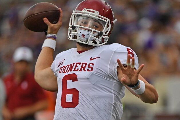 MANHATTAN, KS - OCTOBER 21: Quarterback Baker Mayfield #6 of the Oklahoma Sooners warms up during pre-game activities, prior to the game against the Kansas State Wildcats on October 21, 2017 at Bill Snyder Family Stadium in Manhattan, Kansas. (Photo by Peter G. Aiken/Getty Images) MANHATTAN, KS - OCTOBER 21: Quarterback Baker Mayfield #6 of the Oklahoma Sooners warms up during pre-game activities, prior to the game against the Kansas State Wildcats on October 21, 2017 at Bill Snyder Family Stadium in Manhattan, Kansas. (Photo by Peter G. Aiken/Getty Images)