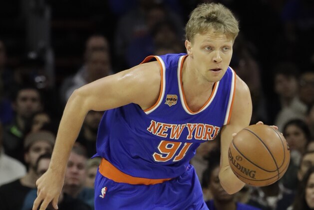 New York Knicks' Mindaugas Kuzminskas in action during an NBA basketball game against the Philadelphia 76ers, Friday, March 3, 2017, in Philadelphia. (AP Photo/Matt Slocum) New York Knicks' Mindaugas Kuzminskas in action during an NBA basketball game against the Philadelphia 76ers, Friday, March 3, 2017, in Philadelphia. (AP Photo/Matt Slocum)