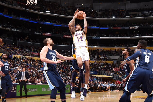 LOS ANGELES, CA - NOVEMBER 5: Brandon Ingram #14 of the Los Angeles Lakers goes to the basket against the Memphis Grizzlies on November 5, 2017 at STAPLES Center in Los Angeles, California. NOTE TO USER: User expressly acknowledges and agrees that, by downloading and/or using this Photograph, user is consenting to the terms and conditions of the Getty Images License Agreement. Mandatory Copyright Notice: Copyright 2017 NBAE (Photo by Andrew D. Bernstein/NBAE via Getty Images)