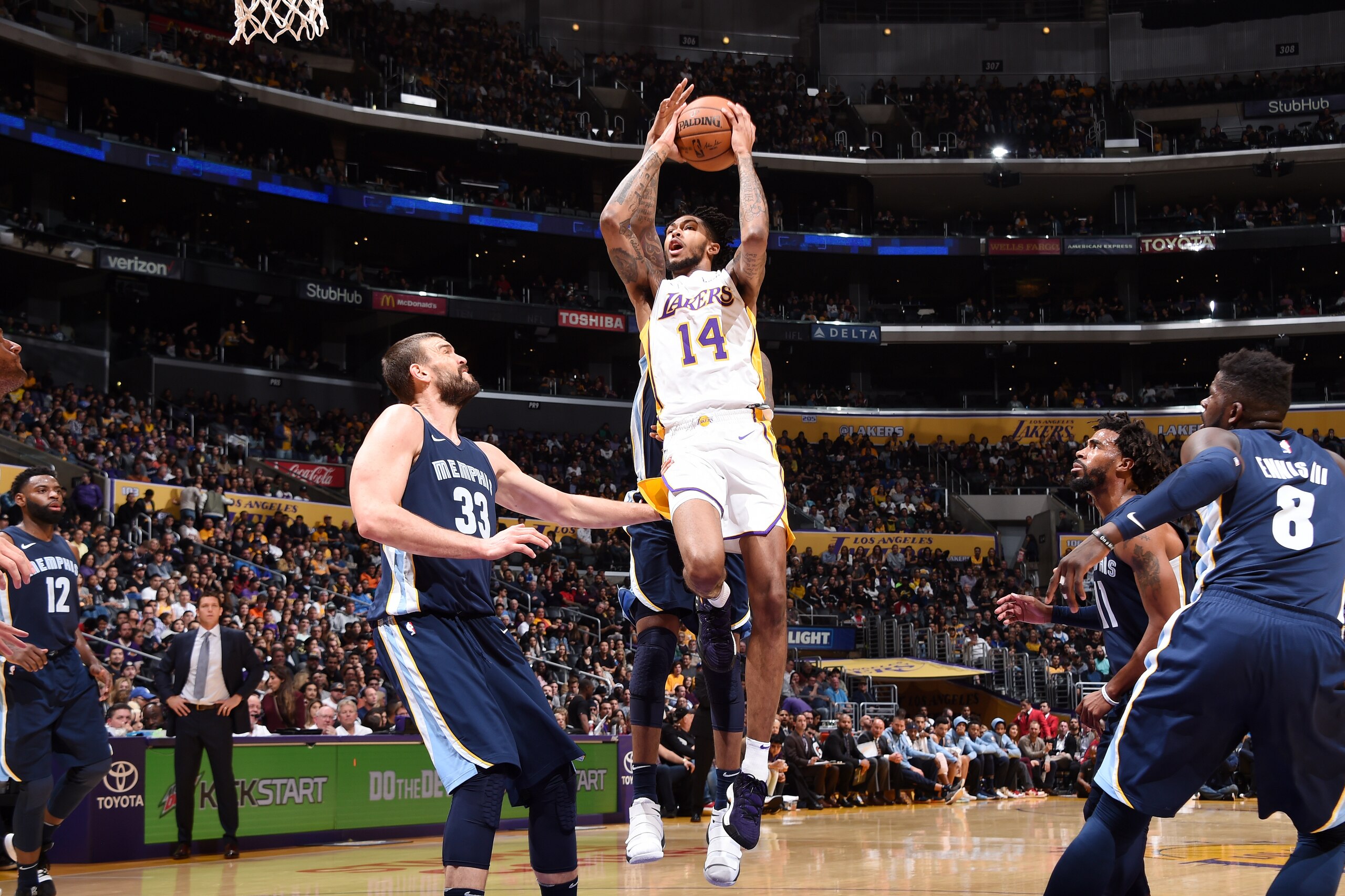 LOS ANGELES, CA - NOVEMBER 5: Brandon Ingram #14 of the Los Angeles Lakers goes to the basket against the Memphis Grizzlies on November 5, 2017 at STAPLES Center in Los Angeles, California. NOTE TO USER: User expressly acknowledges and agrees that, by downloading and/or using this Photograph, user is consenting to the terms and conditions of the Getty Images License Agreement. Mandatory Copyright Notice: Copyright 2017 NBAE (Photo by Andrew D. Bernstein/NBAE via Getty Images)