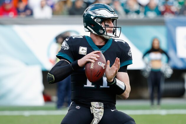 PHILADELPHIA, PA - NOVEMBER 05:  Quarterback Carson Wentz #11 of the Philadelphia Eagles looks to pass against the Denver Broncos during the third quarter at Lincoln Financial Field on November 5, 2017 in Philadelphia, Pennsylvania.  (Photo by Joe Robbins/Getty Images)