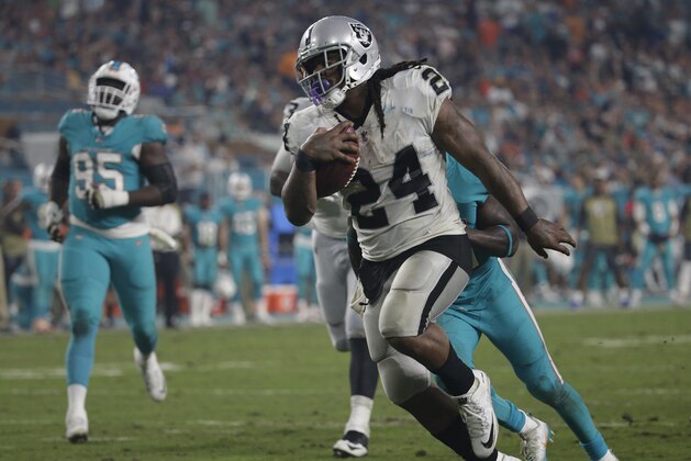 Oakland Raiders running back Marshawn Lynch (24) runs for a touchdown, during the second half of an NFL football game against the Miami Dolphins, Sunday, Nov. 5, 2017, in Miami Gardens, Fla. (AP Photo/Lynne Sladky)