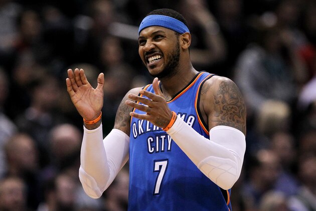 MILWAUKEE, WI - OCTOBER 31:  Carmelo Anthony #7 of the Oklahoma City Thunder reacts in the fourth quarter against the Milwaukee Bucks at the Bradley Center on October 31, 2017 in Milwaukee, Wisconsin. NOTE TO USER: User expressly acknowledges and agrees that, by downloading and or using this photograph, User is consenting to the terms and conditions of the Getty Images License Agreement. (Photo by Dylan Buell/Getty Images)