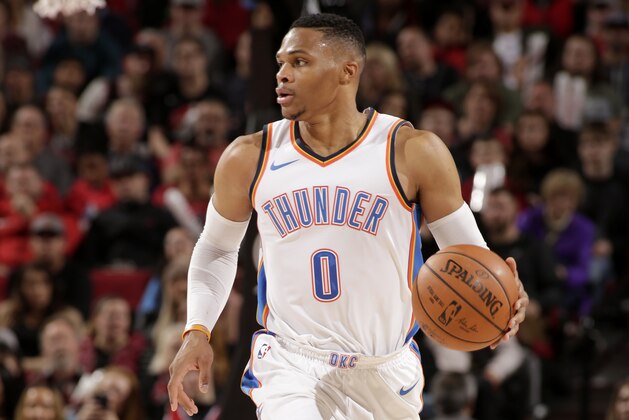 PORTLAND, OR - NOVEMBER 5:  Russell Westbrook #0 of the Oklahoma City Thunder handles the ball against the Portland Trail Blazers on November 5, 2017 at the Moda Center in Portland, Oregon. NOTE TO USER: User expressly acknowledges and agrees that, by downloading and or using this photograph, user is consenting to the terms and conditions of the Getty Images License Agreement. Mandatory Copyright Notice: Copyright 2017 NBAE (Photo by Cameron Browne/NBAE via Getty Images)