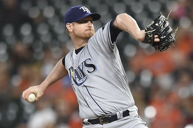 Tampa Bay Rays pitcher Alex Cobb throws against the Baltimore Orioles in the first inning of a baseball game, Friday, Sept. 22, 2017, in Baltimore. (AP Photo/Gail Burton)