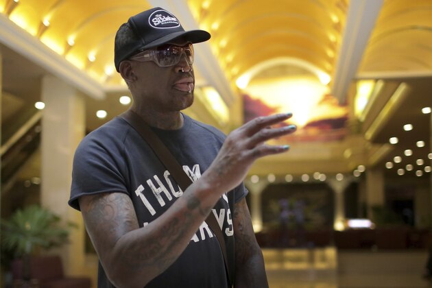 Former NBA basketball star Dennis Rodman leaves the Koryo hotel for Sunan International Airport on Saturday, June 17, 2017, in Pyongyang, North Korea. (AP Photo/Wong Maye-E)