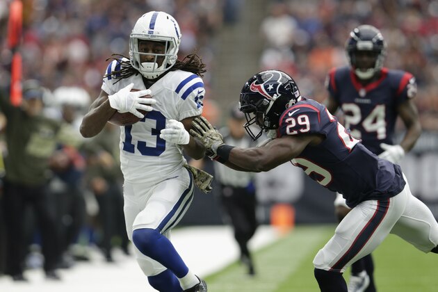 HOUSTON, TX - NOVEMBER 05:  T.Y. Hilton #13 of the Indianapolis Colts is forced out of bounds in the third quarter by Andre Hal #29 of the Houston Texans at NRG Stadium on November 5, 2017 in Houston, Texas.  (Photo by Tim Warner/Getty Images)