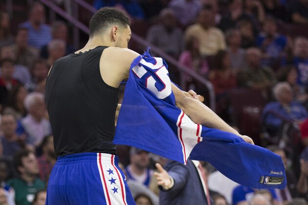 PHILADELPHIA, PA - NOVEMBER 3: Ben Simmons #25 of the Philadelphia 76ers takes off his ripped jersey in the second quarter against the Indiana Pacers at the Wells Fargo Center on November 3, 2017 in Philadelphia, Pennsylvania. NOTE TO USER: User expressly acknowledges and agrees that, by downloading and or using this photograph, User is consenting to the terms and conditions of the Getty Images License Agreement. (Photo by Mitchell Leff/Getty Images)