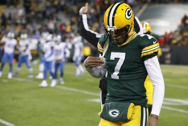 Green Bay Packers' Brett Hundley walks off the field during the second half of an NFL football game against the Detroit Lions Monday, Nov. 6, 2017, in Green Bay, Wis. The Lions won 30-17. (AP Photo/Mike Roemer)