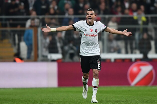 Besiktas' Portuguese defender Pepe reacts during the UEFA Champions League Group G football match between Besiktas and Monaco on November 1, 2017, at the Vodafone Park in Istanbul.  / AFP PHOTO / OZAN KOSE        (Photo credit should read OZAN KOSE/AFP/Getty Images)