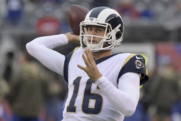 Los Angeles Rams quarterback Jared Goff (16) warms up before an NFL football game against the New York Giants Sunday, Nov. 5, 2017, in East Rutherford, N.J. (AP Photo/Bill Kostroun)