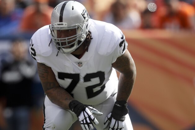 Oakland Raiders offensive tackle Donald Penn plays during the first half of an NFL football game against the Denver Broncos Sunday, Oct. 1, 2017, in Denver. (AP Photo/Jack Dempsey)