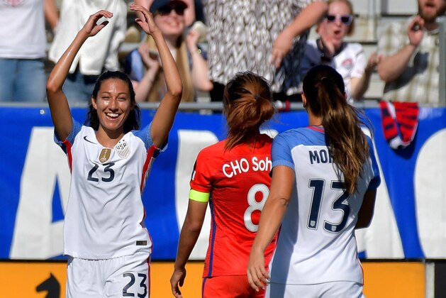 CARY, NC - OCTOBER 22:  Christen Press #23 of USA reacts after scoring a goal against Korea Republic during their game at WakeMed Soccer Park on October 22, 2017 in Cary, North Carolina.  (Photo by Grant Halverson/Getty Images)
