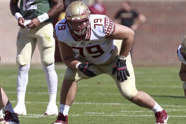 TALLAHASSEE, FL - APRIL 8: Offensive Lineman Josh Ball #79 of the Florida State Seminoles during the annual Garnet and Gold Spring Football game at Doak Campbell Stadium on Bobby Bowden Field on April 8, 2017 in Tallahassee, Florida. (Photo by Don Juan Moore/Getty Images)