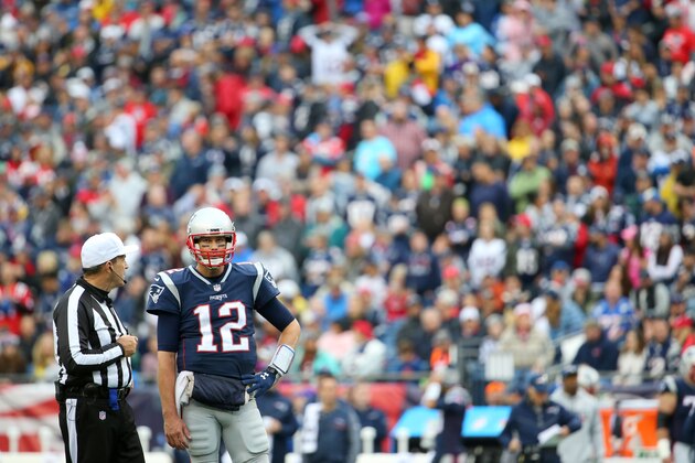 FOXBORO, MA - OCTOBER 29: Tom Brady #12 of the New England Patriots looks on during the second half against the Los Angeles Chargers at Gillette Stadium on October 29, 2017 in Foxboro, Massachusetts. (Photo by Maddie Meyer/Getty Images)