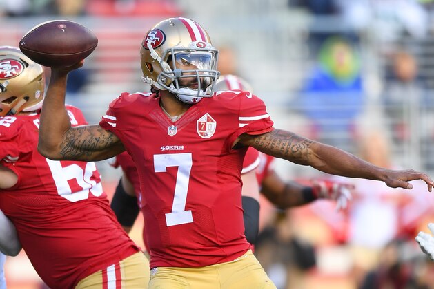 SANTA CLARA, CA - JANUARY 01:  Colin Kaepernick #7 of the San Francisco 49ers drops back to pass against the Seattle Seahawks during the second quarter of their NFL football game at Levi's Stadium on January 1, 2017 in Santa Clara, California.  (Photo by Thearon W. Henderson/Getty Images)