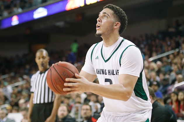 LOS ANGELES, CA - FEBRUARY 24:  LiAngelo Ball #3 of Chino Hills High School shoots the ball during the game against Mater Dei High School at the Galen Center on February 24, 2017 in Los Angeles, California.  (Photo by Josh Lefkowitz/Getty Images)