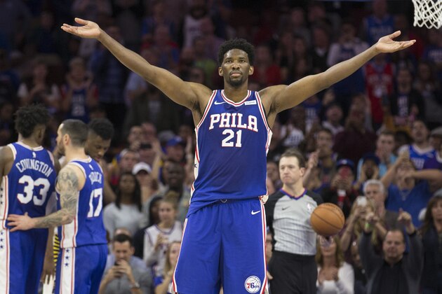 PHILADELPHIA, PA - NOVEMBER 3: Joel Embiid #21 of the Philadelphia 76ers reacts against the Indiana Pacers at the Wells Fargo Center on November 3, 2017 in Philadelphia, Pennsylvania. NOTE TO USER: User expressly acknowledges and agrees that, by downloading and or using this photograph, User is consenting to the terms and conditions of the Getty Images License Agreement. (Photo by Mitchell Leff/Getty Images)