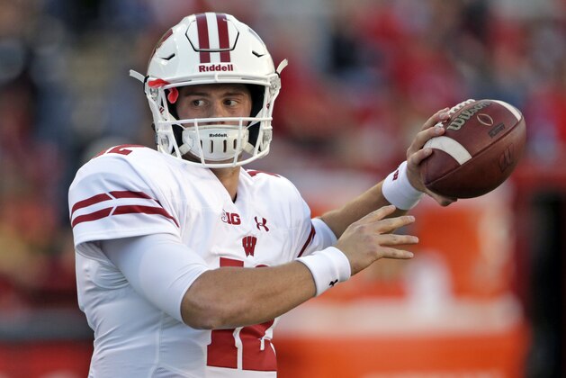 Wisconsin quarterback Alex Hornibrook (12) warms up before an NCAA college football game against Nebraska in Lincoln, Neb., Saturday, Oct. 7, 2017. (AP Photo/Nati Harnik)