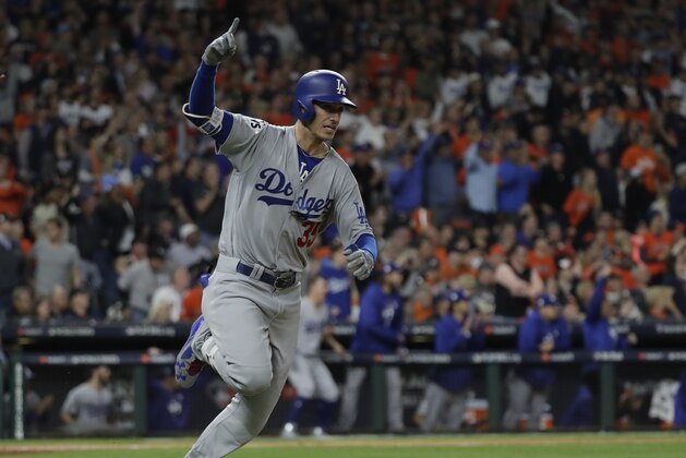 Los Angeles Dodgers' Cody Bellinger reacts after hitting an RBI double during the ninth inning of Game 4 of baseball's World Series against the Houston Astros Saturday, Oct. 28, 2017, in Houston. (AP Photo/David J. Phillip) Los Angeles Dodgers' Cody Bellinger reacts after hitting an RBI double during the ninth inning of Game 4 of baseball's World Series against the Houston Astros Saturday, Oct. 28, 2017, in Houston. (AP Photo/David J. Phillip)