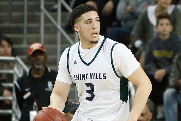 LOS ANGELES, CA - FEBRUARY 24:  LiAngelo Ball #3 of Chino Hills High School dribbles the ball down court during the game against Mater Dei High School at the Galen Center on February 24, 2017 in Los Angeles, California.  (Photo by Josh Lefkowitz/Getty Images)