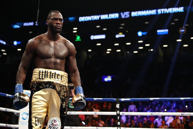 NEW YORK, NY - NOVEMBER 04:  Deontay Wilder looks on after knocking down Bermane Stiverne in the first round during their rematch for Wilder's WBC heavyweight title at the Barclays Center on November 4, 2017 in the Brooklyn Borough of  New York City.  (Photo by Al Bello/Getty Images)