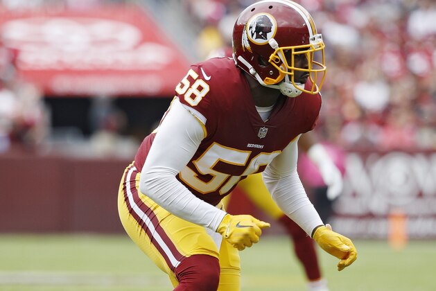 LANDOVER, MD - OCTOBER 15: Junior Galette #58 of the Washington Redskins in action during a game against the San Francisco 49ers at FedEx Field on October 15, 2017 in Landover, Maryland. The Redskins won 26-24. (Photo by Joe Robbins/Getty Images)