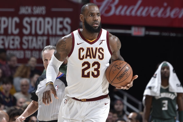 CLEVELAND, OH - NOVEMBER 7: LeBron James #23 of the Cleveland Cavaliers handles the ball against the Milwaukee Bucks on Novmber 7, 2017 at Quicken Loans Arena in Cleveland, Ohio. NOTE TO USER: User expressly acknowledges and agrees that, by downloading and/or using this Photograph, user is consenting to the terms and conditions of the Getty Images License Agreement. Mandatory Copyright Notice: Copyright 2017 NBAE (Photo by David Liam Kyle/NBAE via Getty Images) CLEVELAND, OH - NOVEMBER 7: LeBron James #23 of the Cleveland Cavaliers handles the ball against the Milwaukee Bucks on Novmber 7, 2017 at Quicken Loans Arena in Cleveland, Ohio. NOTE TO USER: User expressly acknowledges and agrees that, by downloading and/or using this Photograph, user is consenting to the terms and conditions of the Getty Images License Agreement. Mandatory Copyright Notice: Copyright 2017 NBAE (Photo by David Liam Kyle/NBAE via Getty Images)