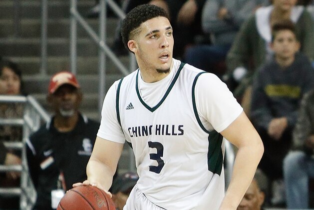 LOS ANGELES, CA - FEBRUARY 24:  LiAngelo Ball #3 of Chino Hills High School dribbles the ball down court during the game against Mater Dei High School at the Galen Center on February 24, 2017 in Los Angeles, California.  (Photo by Josh Lefkowitz/Getty Images)