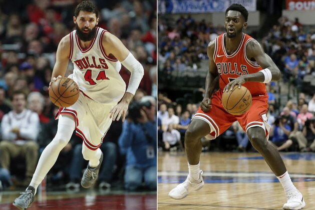 FILe - At left, in a Jan. 2, 2017, file photo, Chicago Bulls forward Nikola Mirotic brings the ball up court against the Charlotte Hornets during the second half of an NBA basketball game in Chicago. At right, in an Oct. 4, 2017, file photo, Chicago Bulls' Bobby Portis (5) handles the ball during a preseason NBA basketball game against the Dallas Mavericks, in Dallas. The Chicago Bulls have suspended forward Bobby Portis for the first eight games for injuring teammate Nikola Mirotic during a fight at practice. Mirotic suffered multiple broken bones in his face as well as a concussion on Tuesday. He will likely need surgery and is out indefinitely. The team announced the suspension on Wednesday, Oct. 18, 2017. (AP Photo/Tony Gutierrez)