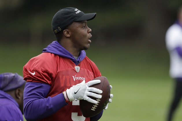 Minnesota Vikings quarterback Teddy Bridgewater takes part in an NFL walkthrough practice session at Syon House in Syon Park, south west London, Thursday, Oct. 26, 2017. The Minnesota Vikings are preparing for an NFL regular season game against the Cleveland Browns in London on Sunday. (AP Photo/Matt Dunham)