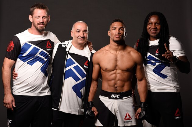 LAS VEGAS, NV - JULY 08:  Kevin Lee (2R) poses for a portrait backstage with his team after his victory over Jake Matthews of Australia during The Ultimate Fighter Finale event at MGM Grand Garden Arena on July 8, 2016 in Las Vegas, Nevada.  (Photo by Todd Lussier/Zuffa LLC/Zuffa LLC via Getty Images)