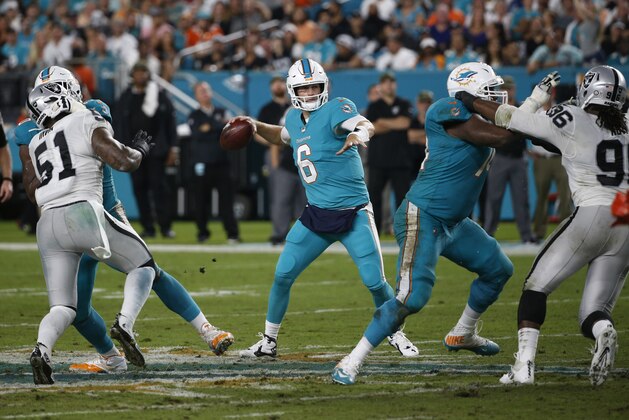 Miami Dolphins quarterback Jay Cutler (6) looks to pass, during the first half of an NFL football game against the Oakland Raiders, Sunday, Nov. 5, 2017, in Miami Gardens, Fla. (AP Photo/Wilfredo Lee) Miami Dolphins quarterback Jay Cutler (6) looks to pass, during the first half of an NFL football game against the Oakland Raiders, Sunday, Nov. 5, 2017, in Miami Gardens, Fla. (AP Photo/Wilfredo Lee)